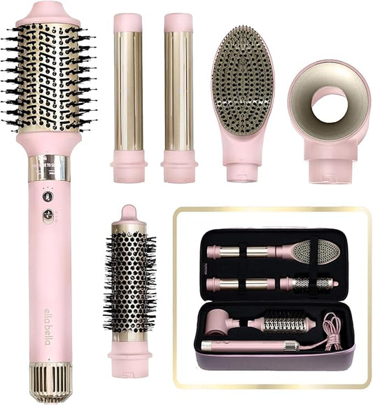 ELLA BELLA® 6 in 1 Professional Hot Air Styler • Powerful Hair Dryer & Straightener Set • Styling Without Heat Damage • Fast Drying Curling Volumizing Straightening • Protective Travel Case (Pink)