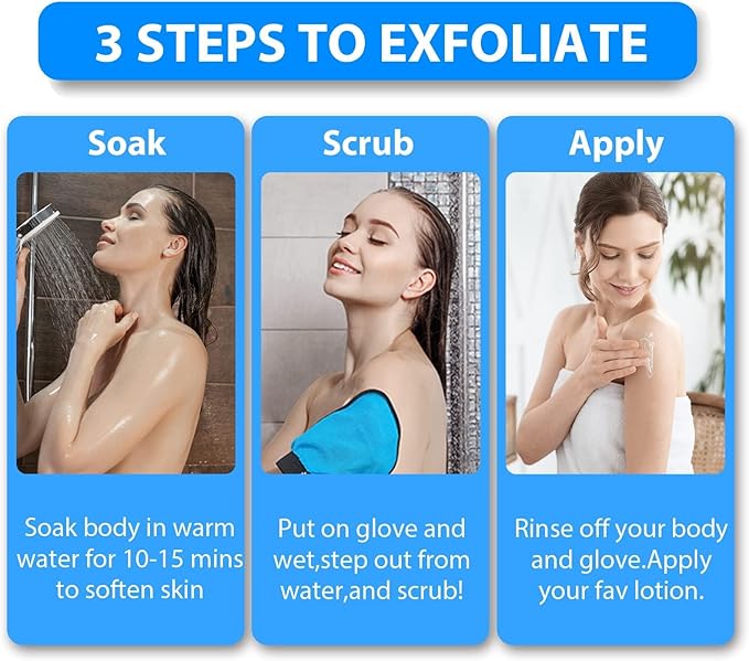 Exfoliating Gloves 2 Pcs, Exfoliating Body Scrubber for Bath Shower Exfoliation, Body Scrub Exfoliator Loofah Sponge for Dead Skin Remover, Korean Exfoliating Mitt (Blue)
