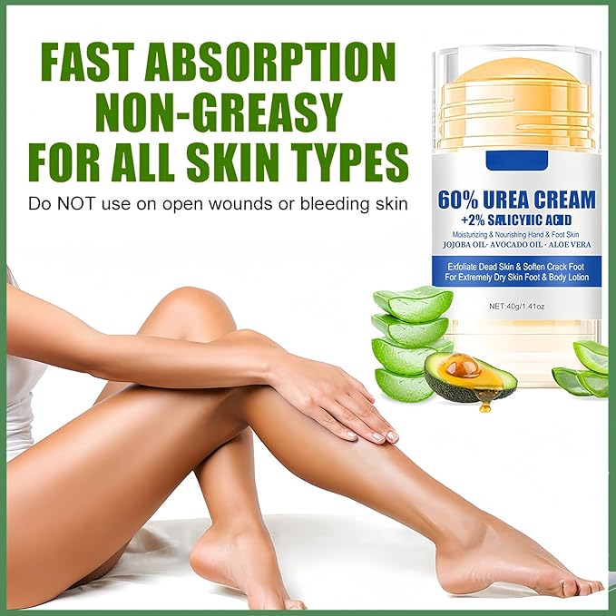 Urea Cream 60 Percent for Feet Maximum Strength, 2 Pack Foot Stick for Cracked Heels and Dry Skin, Softening Calluses with Shea Butter Aloe Jojoba Oil, Heel Repair Stick Balm for Men & Women, 40g Each