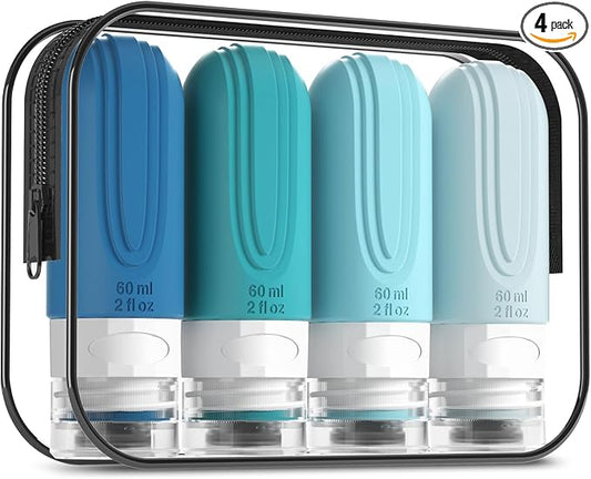 Travel Bottles for Toiletries, Tsa Approved 2oz Travel size Bottles, BPA Free Leak Proof Travels Toiletry Containers, Traveler Accessories with Toiletry Bag for Shampoo Liquid (4 Pack)