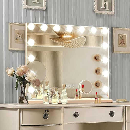 Hollywood Vanity Mirror with Lights, 15 Dimmable Bulbs, 3 Color Lights,Make Up Lighted Mirror, Aluminum Metal Frame, USB Charging Port（23" x 18"）