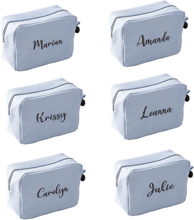 GOPHIE Personalized Embroidered Makeup Bag,Custom Waffle Fabric Cosmetic Pouch for Women, Travel Makeup Pouch (6, Sky Blue)