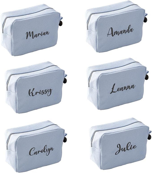 GOPHIE Personalized Embroidered Makeup Bag,Custom Waffle Fabric Cosmetic Pouch for Women, Travel Makeup Pouch (6, Sky Blue)