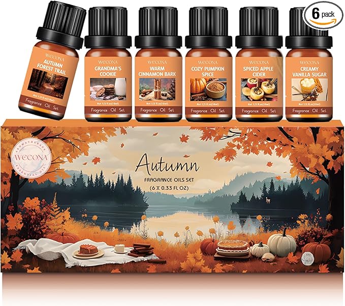 Fall Essential Oils Set – 6x10ml Aromatherapy Oils, Essential Oils Scents for Diffuser, Candle Making Scents, Fragrance Oil for Soap & Candle Making, Fall Scented