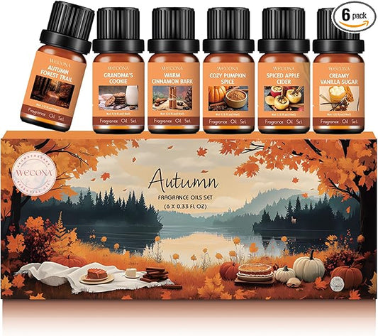 Fall Essential Oils Set – 6x10ml Aromatherapy Oils, Essential Oils Scents for Diffuser, Candle Making Scents, Fragrance Oil for Soap & Candle Making, Fall Scented