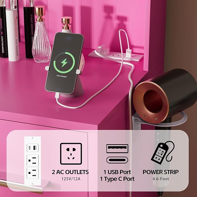 Furmax Vanity Desk with Mirror, LED Lights and Power Outlet Makeup Vanity Table with 7 Drawers and 6 Storage Shelves Dressing Table for Bedroom Dressing Room (Rose Pink)