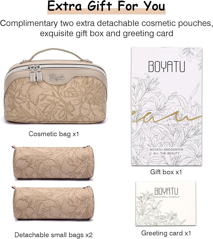 BOYATU Travel Makeup Bags Cosmetic Organizer Bag: 3-Set Large Capacity Make up Bag - PU Leather Toiletry Bags for Women - Wide Open Portable Pouch with Divider & Handle (02-Light Brown)
