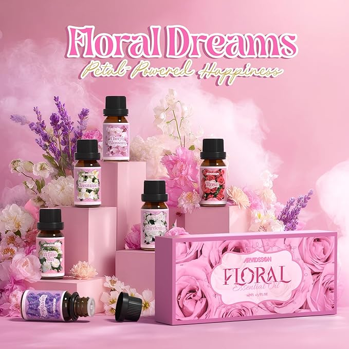 Floral Essential Oils Set, ARVIDSSON Natural Flower Fragrance Oil Gift for Women - Lavender, Jasmine, Cherry Blossom, Gardenia, White Tea, Rose Essential Oil for Diffuser & Candle Making