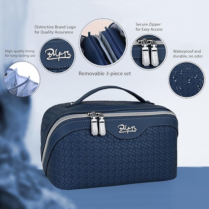 BOYATU Travel Makeup Bags for Women: Large Cosmetic Bag - 3 Set Make up Bags with Compartments - Vegan Leather Makeup Organizer Wide Open Portable Pouch (L20 Blue)