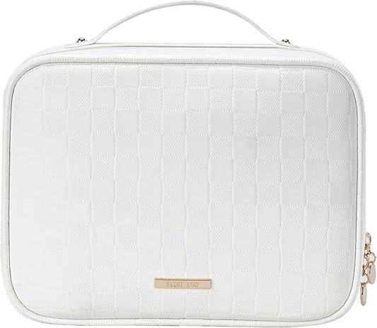 RIGHT AWAY Travel Toiletry Bag for Women, Waterproof Makeup Bag&Case, Portable Cosmetic Organizer Checkered Make up Bag for Full Sized Toiletries，Cosmetics and Travel-Size Accessories,White Checkered