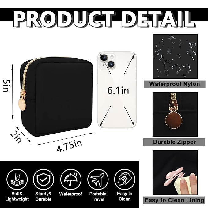 Waterproof Mini Makeup Bag for Purse,Small Cosmetic Pouch Nylon Travel Toiletry Organizers Bag for Women Girls,Cute Zipper Preppy Coin Purse for Work(Mini-Black)