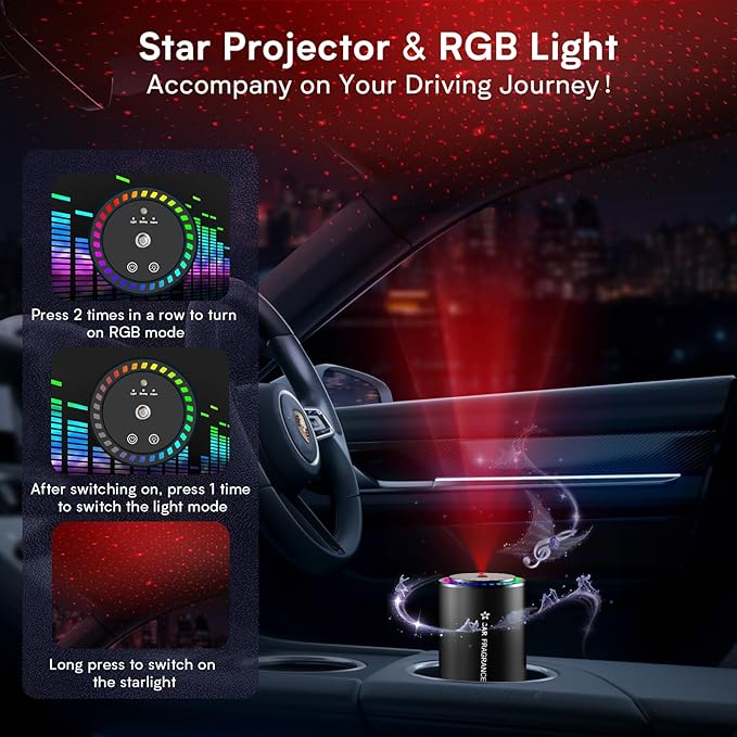 Smart Car Air Freshener, New Ultrasonic Car Diffuser, Star Projector & RGB Voice-Activated, 5S Full Odor Clean, 3 Mode & Auto On/Off, 50ML Refillable Scent Long Lasting Up to 135 Days - Cologne