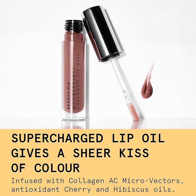 Beauty Pie Wondergloss Collagen Lip Oil + Nude Nectar 0.13 fl oz – Hydrating, Plumping, Non‑Sticky Lip Oil Gloss Hybrid with Collagen AC Micro‑Vectors & Cherry Hibiscus Oils