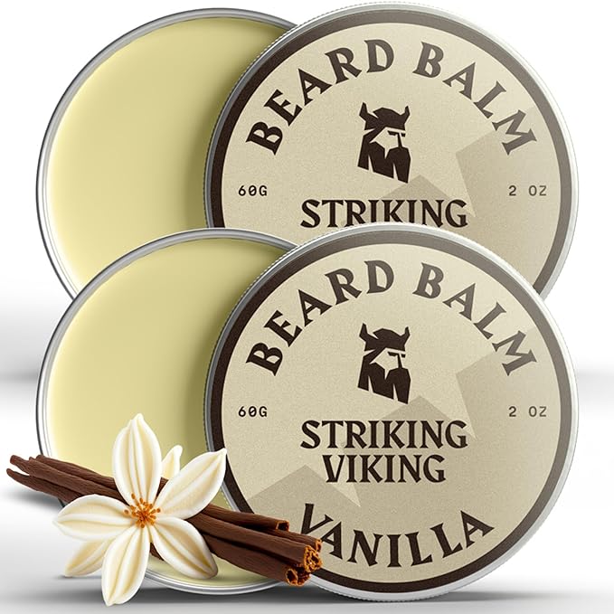 Striking Viking Beard Balm for Men – Light Hold, Vanilla, 2 Oz, Pack of 2 - Leave-in Beard Conditioner with Shea Butter, Tea Tree, Argan & Jojoba Oil - Shape & Moisturize Coarse, Dry Facial Hair