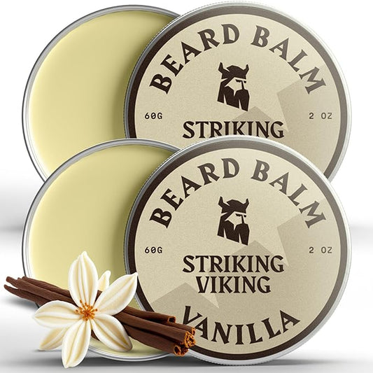 Striking Viking Beard Balm for Men – Light Hold, Vanilla, 2 Oz, Pack of 2 - Leave-in Beard Conditioner with Shea Butter, Tea Tree, Argan & Jojoba Oil - Shape & Moisturize Coarse, Dry Facial Hair