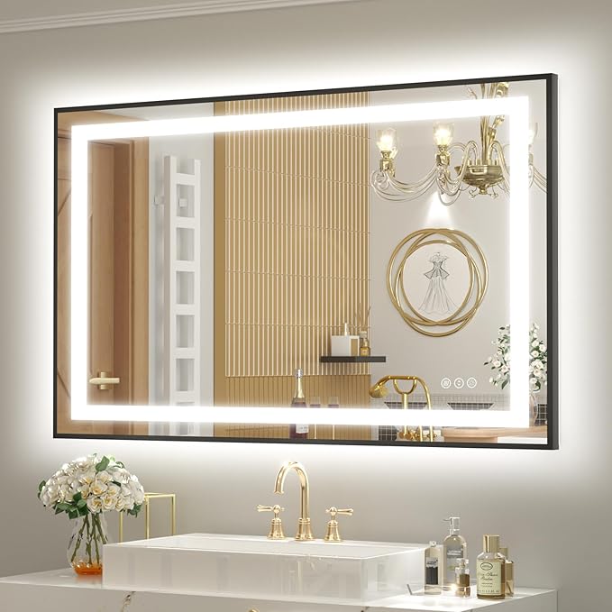 OKPAL 40x30 Framed LED Mirror for Bathroom, Black Lighted Bathroom Mirror with Lights, Front and Backlit LED Bathroom Vanity Mirror, Anti-Fog, Dimmable, Shatterproof, Memory, ETL Listed