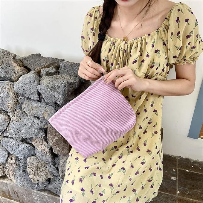 PAZIMIIK Makeup Bag Large Zipper Corduroy Make Up Pouch for Purse Travel Canvas Cosmetic Organizer for Women Brush Storage,Pink