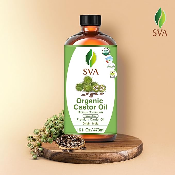 SVA Castor Seed Oil Organic - 16 Fl Oz – 100% Natural Cold Pressed Organic Castor Oil - for Face, Skin Care, Hair Care, Scalp Massage & Body Massage with Pump
