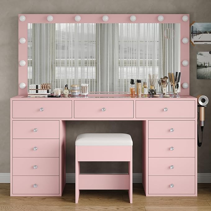 11 Drawers Makeup Vanity with Charging Station, Vanity Desk with 13 LED Bulbs and HD Mirror, 3 Color Brightness Adjustable, Glass Top Vanity Set for Bedroom, Pink