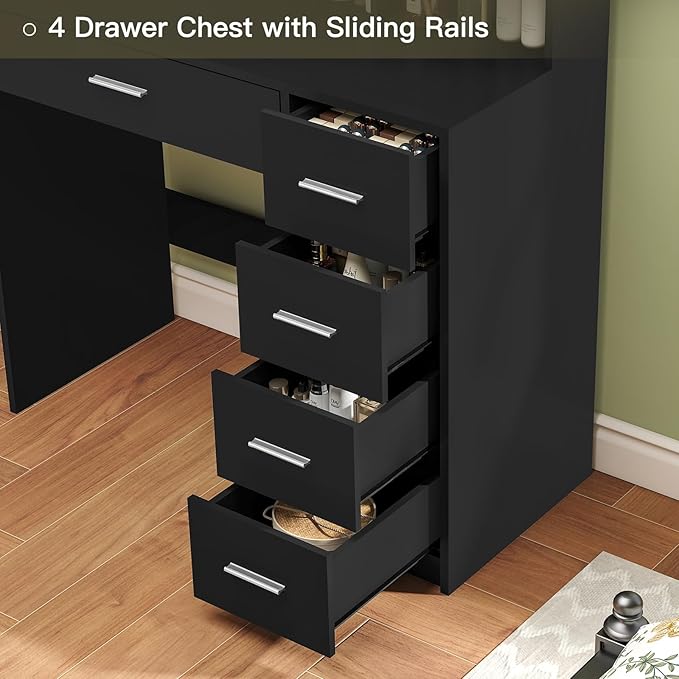 Quimoo Makeup Vanity Desk with Mirror & Lights, Vanity Desk with 5 Drawers & Storage Shelves, Vanity Table, 3 Color Modes & Adjustable Brightness Dressing Table, Bedroom, Black