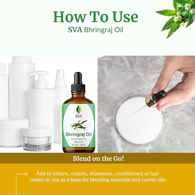 SVA Bhringraj Premium Carrier Oil 4oz (118ml) With Dropper for Hair Oiling, Scalp Massage & Skin Care
