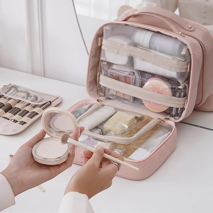 RIGHT AWAY Travel Toiletry Bag for Women, Waterproof Makeup Bag&Case, Portable Cosmetic Organizer Checkered Make up Bag for Full Sized Toiletries，Cosmetics and Travel-Size Accessories,Pink Checkered