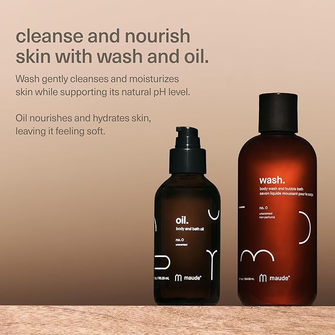 MAUDE Fragrance-Free Bathtime Bundle - pH Balanced Body Wash and Bubble Bath with Omega 3 and Vitamin B3 (12 oz) + Full Body Massage Oil Organic Blend of Jojoba, Coconut, Argan & Castor Oil (4 oz)
