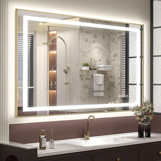 OKPAL 48x32 Gold LED Mirror for Bathroom with Frontlit & Backlit, Metal Framed Lighted Bathroom Mirror with Lights, Anti-Fog, Dimmable 3 Colors, Shatterproof, Horizontal/Vertical