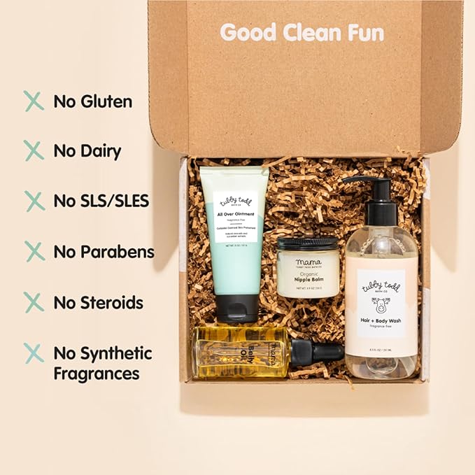 Tubby Todd New Baby & Mom Sensitive Skincare Kit - The Mama + Baby Gift Set - Baby Shampoo and Body Wash, All Over Ointment, Belly Oil & Nipple Balm - Standard Size Lavender Rosemary