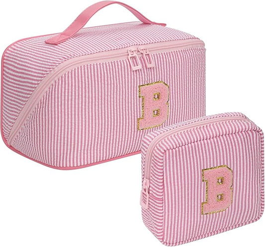 Travel Makeup Bag for Women, 2Pcs Portable Personalized Initial Makeup Organizer Bag, Open Flat Large Cosmetic Bag With Travel Essential Pouch (Pink Letter B)