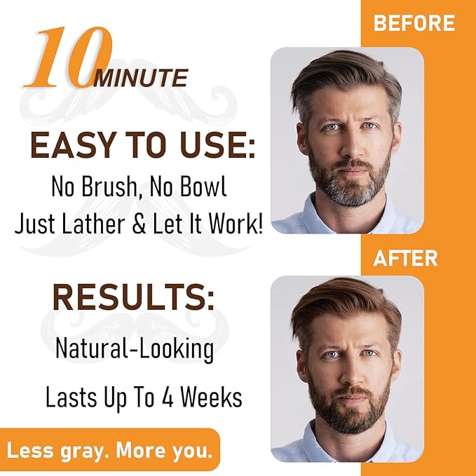 Men's Beard & Hair Dye Shampoo - Dark Brown | 10-Minute Instant Color for Beard, Mustache & Hair | Long-Lasting Gray Hair Coverage | 3-in-1 Dye, Shampoo & Conditioner | Gentle Formula | 6.8 Fl Oz