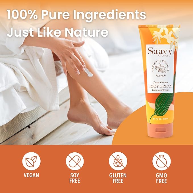 Saavy Naturals Sweet Orange Body Cream for Men & Women, Absorbent Shea Butter Vegan Formula, Thick and Creamy, Naturally Scented Body Lotion for Dry Skin, 8.5 Oz, 2 Pack. Made in the USA