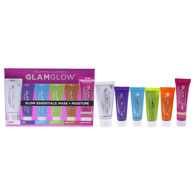 GLAMGLOW Glow Essentials Mask + Moisture Travel Set - SUPERMUD (0.7 oz), GLOWSTARTER NUDE (0.5 oz), GRAVITYMUD (0.35 oz), THRISTYMUD (0.35 oz), POWERMUD (0.35 oz) & FLASHMUD (0.35 oz)