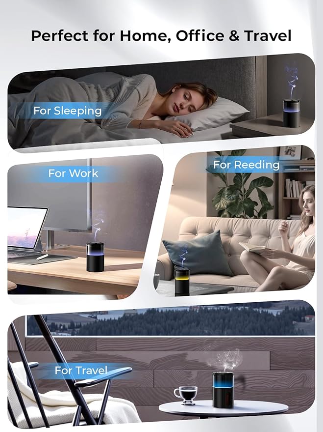 Waterless Essential Oil Diffuser: Battery Mini Scent Diffusers for Home&Car with 8 Color LED Night Light — Cool Mist Aroma Machine Deep Black