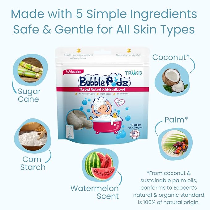 TruKid Bubble Podz Bubble Bath for Kids, Toddlers, & Babies, Tear Free Gentle & Refreshing Bath Bomb for Sensitive Skin with Natural Moisturizers, Non-Toxic, pH Balanced, Watermelon Scent (10 Podz)
