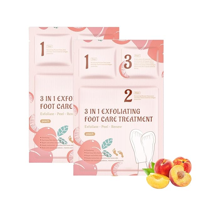 3-in-1 Foot Peel Mask Kit – Exfoliating Foot Care Treatment with Cleansing Mousse, Peeling Socks & Hydrating Cream (Peach Extract) for Dry Cracked Heels, Calluses & Dead Skin 2pcs