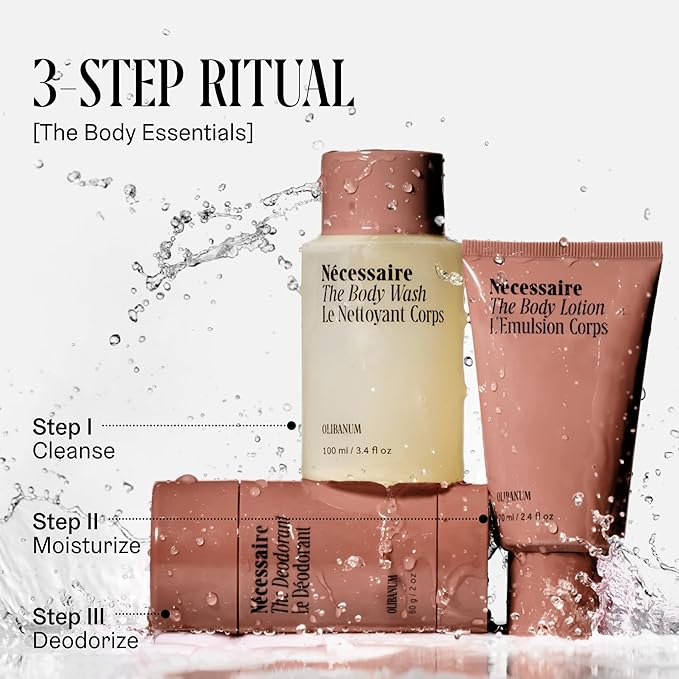 Nécessaire Body Essentials Set – Travel-Size Body Wash, Body Lotion + Deodorant | For Women + Men | Dermatologist-Tested. Hypoallergenic | Aluminum-Free Deodorant (2.5 Ounce (Pack of 1), Olibanum)