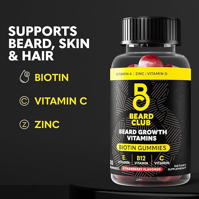 The Beard Club Biotin Beard Growth Vitamin Gummies - Hair Supplement for Men - Vitamins B12, E, & C to Support a Thicker Fuller Looking Facial Hair - Strawberry Gummy