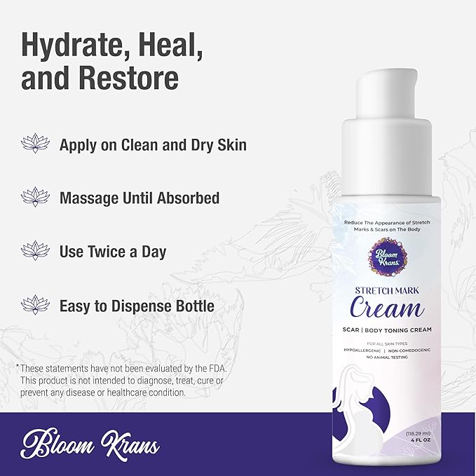 Bloom Krans Stretch Mark Cream for Pregnancy – Moisturizing Stretch Mark Remover Prevention Cream for the Pregnant Belly - Postpartum Lotion Essentials