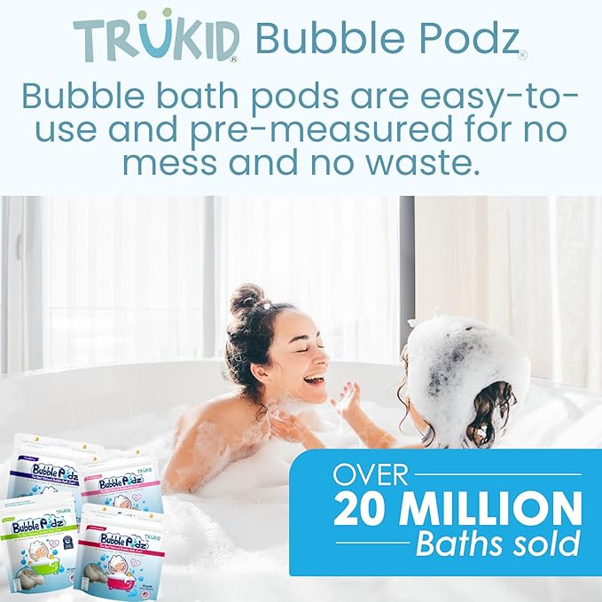 TruKid Bubble Podz Bubble Bath for Kids, Toddlers, & Babies, Tear Free Gentle & Refreshing Bath Bomb for Sensitive Skin with Natural Moisturizers, Non-Toxic, pH Balanced, Lavender Scent (60 Podz)