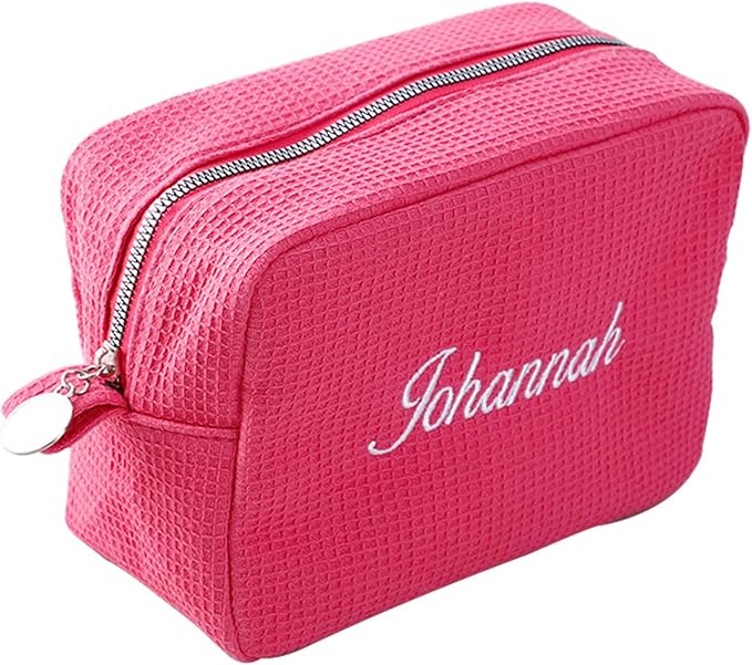 GOPHIE Personalized Embroidered Makeup Bag,Custom Waffle Fabric Cosmetic Pouch for Women, Travel Makeup Pouch (1, Hot Pink)