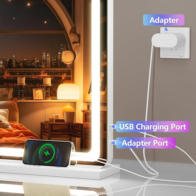 Hasipu Vanity Mirror with Lights and Bluetooth Speaker, 39.4" x 29.5" LED Makeup Mirror, Lighted Makeup Mirror with Dimmable 3 Modes, USB Charging Port, Round White