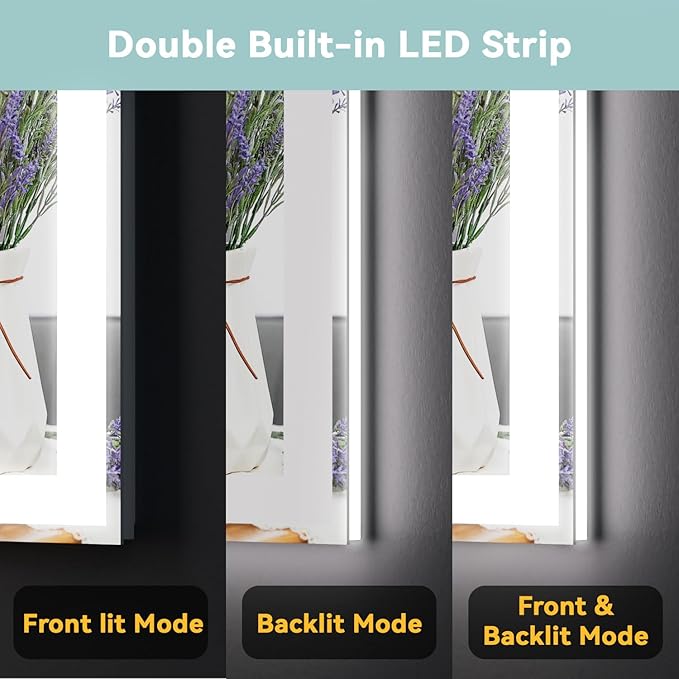 20"x 28" LED Bathroom Mirror, 3 Colors Vanity Mirror with Lights, Front and Backlit Bathroom Mirror with Lights, LED Smart Mirror for Bathroom, Tempered Glass, Anti-Fog, Stepless Dimmable, Memory