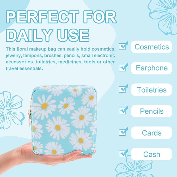 Waterproof Mini Floral Makeup Bag Pouch for Purse,Nylon Flower Cosmetic Travel Bag Small Preppy Toiletry Organizers Bag for Women Girl,Cute Zipper Pouch Coin Purse for Work(Mini Blue-Daisy)