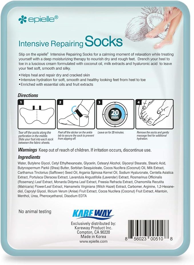 Epielle Intensive Repairing Foot Masks 6 Pairs, Deep Moisturizing Socks for Dry Feet & Cracked Heels, Repair with Coconut Oil & Milk Extract, Korean Skin Care, Spa Set, Self Care Gifts for Women