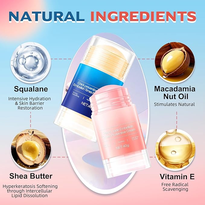 Crack Feet Prevention Stick & Moisturizing Foot Balm – Anti Crack Foot Cream for Dry Cracked Heels and Feet, Removes Dead Skin, Softens Hard Skin (Pink+Blue)