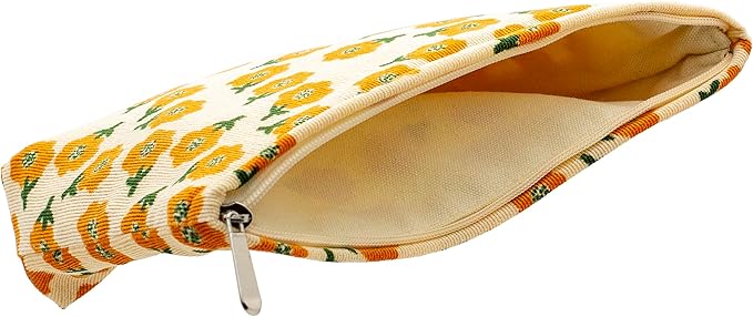 PAZIMIIK Makeup Bag Large Zipper Corduroy Make Up Pouch for Purse Travel Canvas Cosmetic Organizer for Women Brush Storage,Flower Yellow