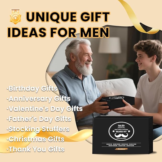 Isner Mile Beard Grooming Kit for Men Care: Trimming Sets with Beard Wash/Shampoo - Oil - Balm - Brush - Comb - Scissors & Storage Bag, Valentines Birthday Fathers Gifts for Dad Men Husband Boyfriend