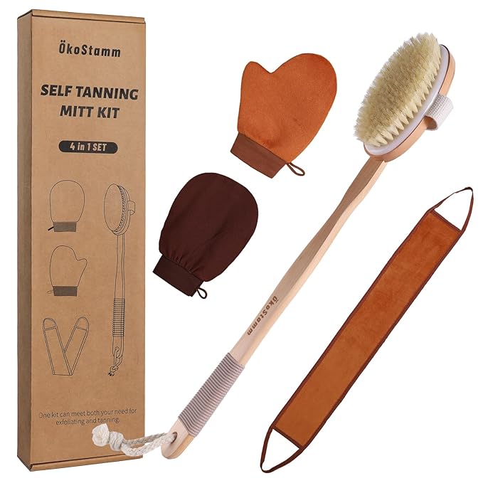 4-in-1 Self Tanner Applicator Kit - Self Tanning Mitt with Long Handle Body Brush for Back Exfoliating and Streak-free Self Tan