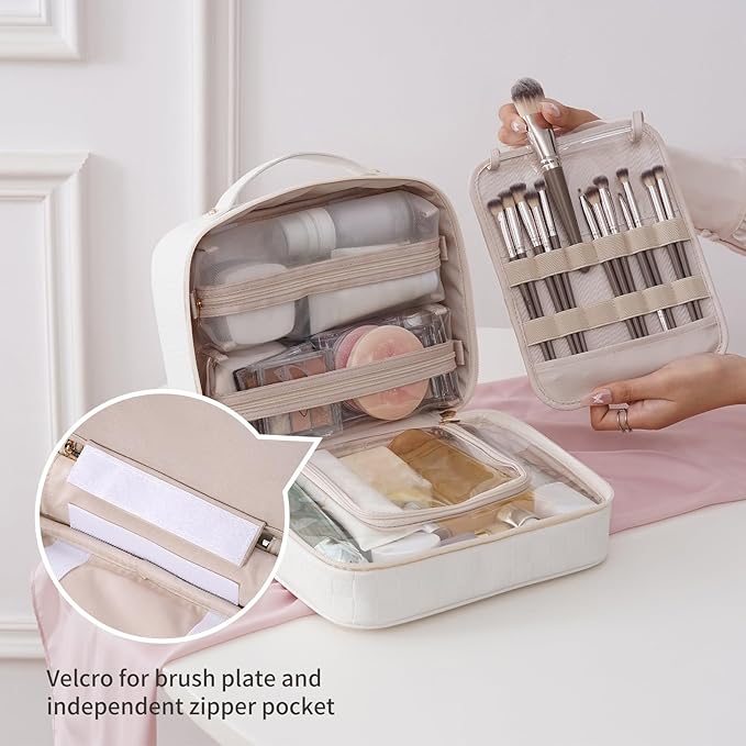 RIGHT AWAY Travel Toiletry Bag for Women, Waterproof Makeup Bag&Case, Portable Cosmetic Organizer Checkered Make up Bag for Full Sized Toiletries，Cosmetics and Travel-Size Accessories,White Checkered